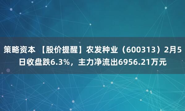 策略资本 【股价提醒】农发种业（600313）2月5日收盘跌6.3%，主力净流出6956.21万元