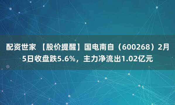 配资世家 【股价提醒】国电南自（600268）2月5日收盘跌5.6%，主力净流出1.02亿元